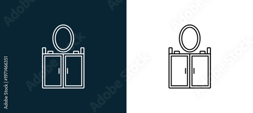 Two-color dressing table outline icon pair in black and white, editable stroke vector illustration for web, mobile apps, UI design, branding, and print from furniture