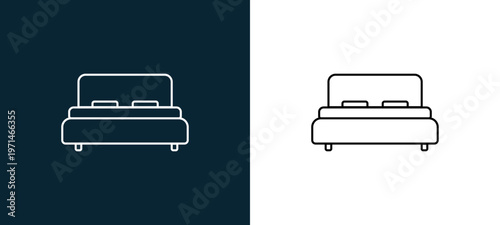 Two-color double bed outline icon pair in black and white, editable stroke vector illustration for web, mobile apps, UI design, branding, and print from furniture