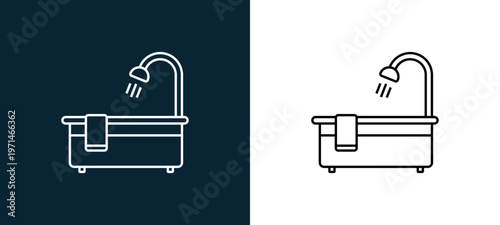 Two-color bathtub outline icon pair in black and white, editable stroke vector illustration for web, mobile apps, UI design, branding, and print from furniture