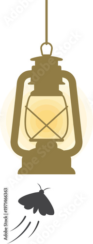 Illustration of an old kerosene lantern hanging and glowing warmly with a moth attracted to its light against a transparent background.