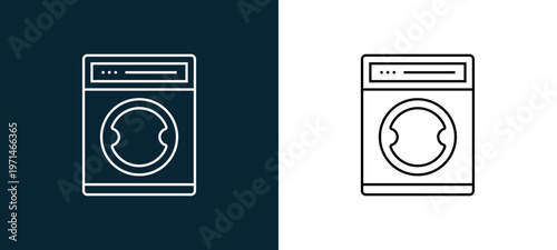 Two-color washing hine outline icon pair in black and white, editable stroke vector illustration for web, mobile apps, UI design, branding, and print from furniture