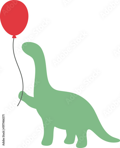 Cute cartoon brachiosaurus dinosaur holding a red balloon on a string, representing childhood and joy.