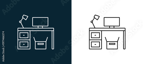 Two-color desk outline icon pair in black and white, editable stroke vector illustration for web, mobile apps, UI design, branding, and print from furniture