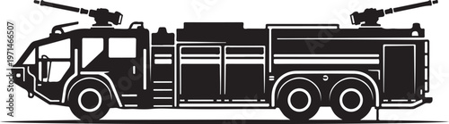 Fire truck, fire engine, emergency vehicle, rescue truck, black and white vector