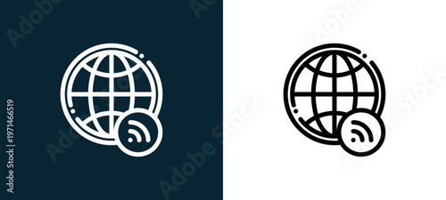 Two-color worldwide outline icon pair in black and white, editable stroke vector illustration for web, mobile apps, UI design, branding, and print from news journal