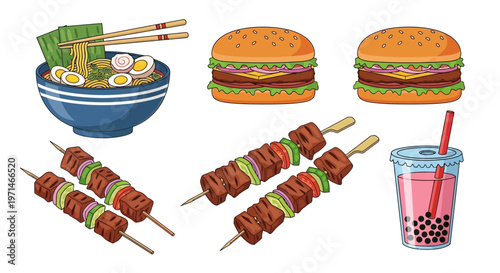 Street Food Festival Illustration Set with Ramen, Burger, Beef Skewers, and Bubble Tea