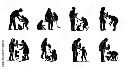 People interacting with monkeys in various black and white illustrations