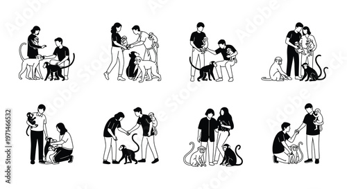 People interacting with monkeys in various black and white illustrations