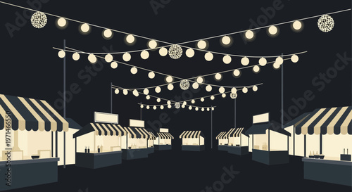Night Street Food Market Illustration with Stall Booths and String Lights Background