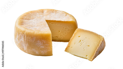 Whole wheel of aged cheese with a slice cut out, isolated on transparent background