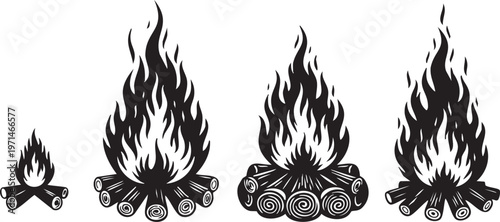 Four different sized campfires with increasing flames