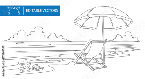 Minimalist beach line art illustration, tropical summer landscape with deck chair and umbrella, editable vector coloring page of ocean coast