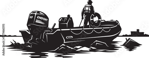 Inflatable boat, motorboat, fishing boat, vector illustration, black and white