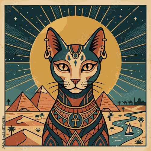 Retro Egyptian cat with pyramids and sun symbol