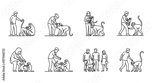 People interacting with monkeys in various black and white illustrations