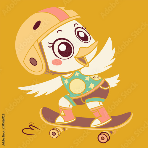 Cute Baby Duck In Sportswear Riding Skateboard Kids Character Illustration Beige Background Vector
