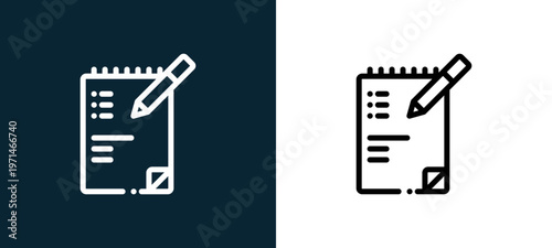 Two-color notes outline icon pair in black and white, editable stroke vector illustration for web, mobile apps, UI design, branding, and print from news journal