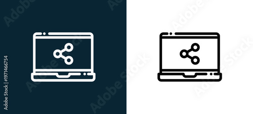 Two-color laptop outline icon pair in black and white, editable stroke vector illustration for web, mobile apps, UI design, branding, and print from news journal