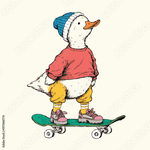 Cartoon Duckling Skateboard Sporty Outfit Children's Illustration Style Beige Background Vector Art