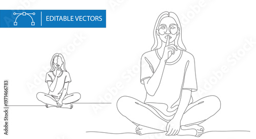 Minimalist continuous line drawing of woman shushing, quiet gesture illustration, girl sitting cross-legged in silence, editable vector art