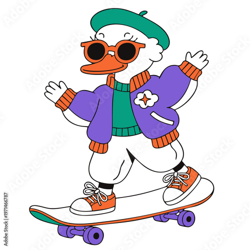 Adorable Duck On Skateboard Sportswear Kids Illustration Beige Backdrop Cute Animal Character Vector