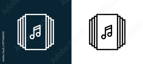 Two-color playlist outline icon pair in black and white, editable stroke vector illustration for web, mobile apps, UI design, branding, and print from essentials