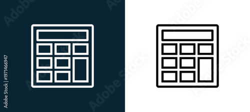 Two-color calculator outline icon pair in black and white, editable stroke vector illustration for web, mobile apps, UI design, branding, and print from essentials