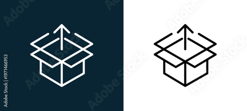 Two-color upload outline icon pair in black and white, editable stroke vector illustration for web, mobile apps, UI design, branding, and print from essentials