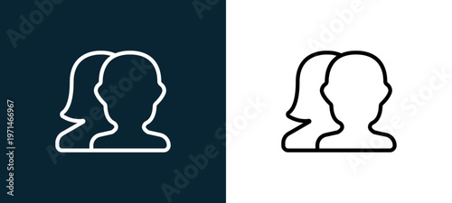 Two-color friends outline icon pair in black and white, editable stroke vector illustration for web, mobile apps, UI design, branding, and print from essentials