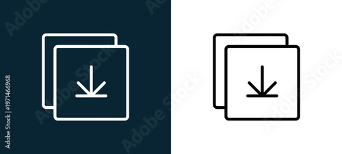 Two-color download outline icon pair in black and white, editable stroke vector illustration for web, mobile apps, UI design, branding, and print from essentials