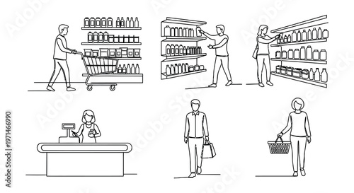Line art depicts various scenes inside a bustling grocery store