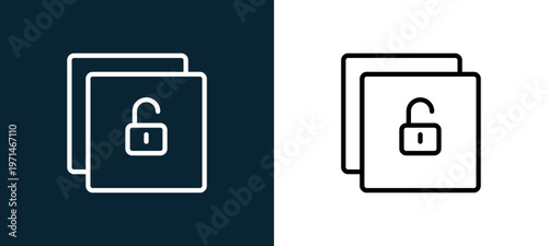 Two-color unlock outline icon pair in black and white, editable stroke vector illustration for web, mobile apps, UI design, branding, and print from essentials