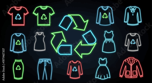 Neon signs of eco-friendly clothing and recycling symbol on black background with colorful outlines.