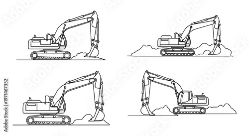 Line art illustrations of excavators in various digging positions
