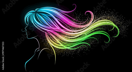 Vibrant rainbow-haired woman silhouette sparkles on black background with flowing locks.