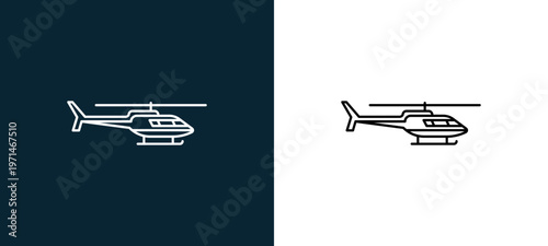 Two-color helicopter facing right outline icon pair in black and white, editable stroke vector illustration for web, mobile apps, UI design, branding, and print from travelling