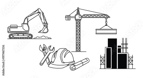 Line art illustrations of excavators in various digging positions