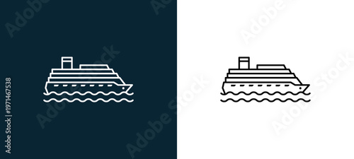 Two-color cruise on sea outline icon pair in black and white, editable stroke vector illustration for web, mobile apps, UI design, branding, and print from travelling