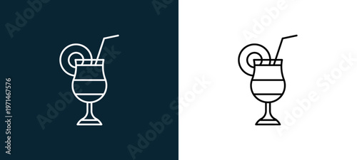 Two-color cocktail with straw outline icon pair in black and white, editable stroke vector illustration for web, mobile apps, UI design, branding, and print from travelling