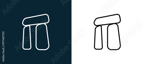 Two-color stonehenge outline icon pair in black and white, editable stroke vector illustration for web, mobile apps, UI design, branding, and print from travelling