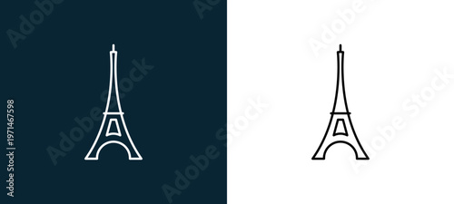Two-color the eiffel tower outline icon pair in black and white, editable stroke vector illustration for web, mobile apps, UI design, branding, and print from travelling