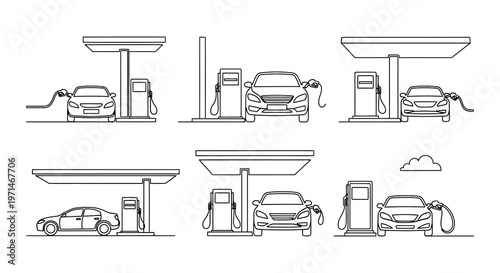 Line art illustration of electric vehicles charging at stations