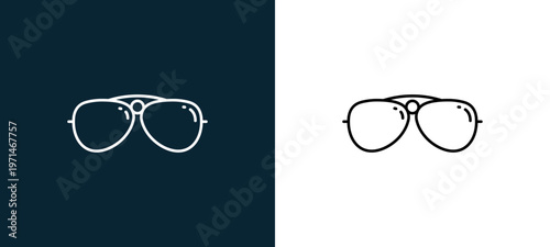 Two-color aviator sunglasses outline icon pair in black and white, editable stroke vector illustration for web, mobile apps, UI design, branding, and print from travelling