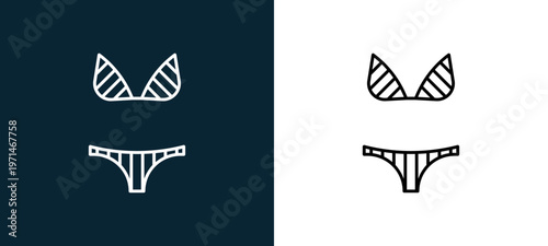 Two-color stripe bikini outline icon pair in black and white, editable stroke vector illustration for web, mobile apps, UI design, branding, and print from travelling
