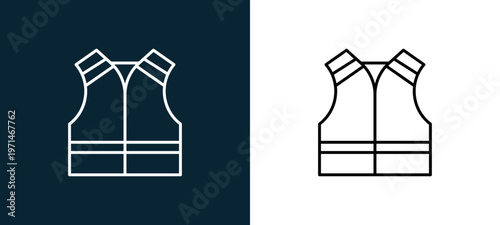 Two-color reflector vest outline icon pair in black and white, editable stroke vector illustration for web, mobile apps, UI design, branding, and print from travelling