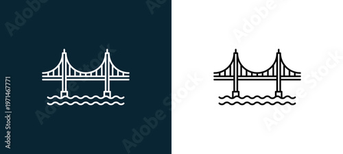 Two-color golden gate bridge outline icon pair in black and white, editable stroke vector illustration for web, mobile apps, UI design, branding, and print from travelling