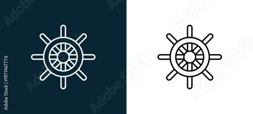 Two-color navigate helm outline icon pair in black and white, editable stroke vector illustration for web, mobile apps, UI design, branding, and print from travelling