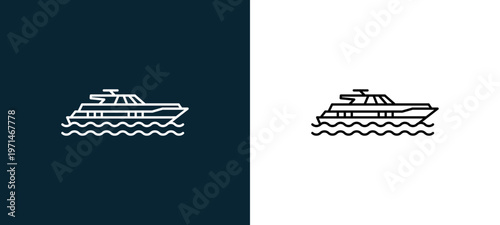 Two-color yatch facing right outline icon pair in black and white, editable stroke vector illustration for web, mobile apps, UI design, branding, and print from travelling