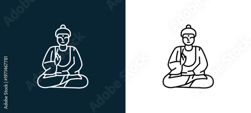 Two-color sitting buddha outline icon pair in black and white, editable stroke vector illustration for web, mobile apps, UI design, branding, and print from travelling