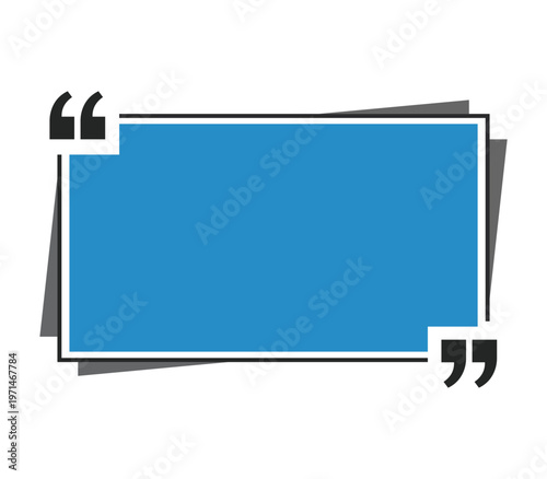 Blue corporate quote box frame design with quotation marks and geometric shadows.